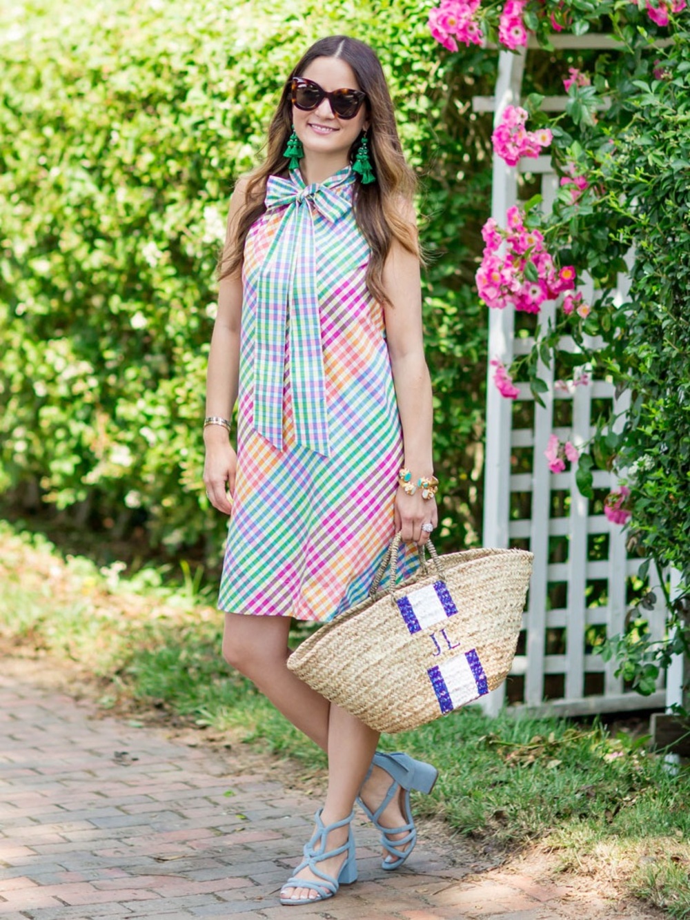 J. CREW G5032 RAINBOW GINGHAM PLAID TIE NECK SLEEVELESS COTTON SHIFT DRESS